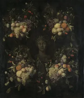 Arkheia Gallery Collection Drucke: Marble Bust surrounded by a Festoon of Fruit, attributed to Jan Frans van Son, 1680