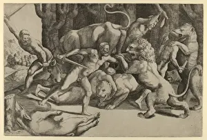 Renaissance Battle Scene Drucke: Five men fighting beasts, lower left, fallen boar, Master, Die, Italian, active Rome, ca