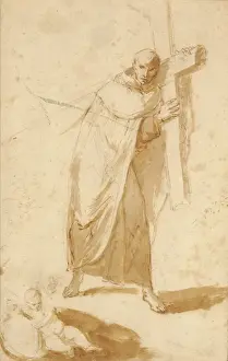 17th Century Spanish Art Drucke: A Monk Carrying a Cross