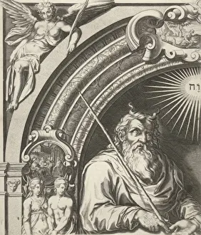 Ten Commandments Artwork Drucke: Moses and Aron with the Tablets of the Law (leaf left), Simon Frisius, Gerard Valck