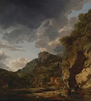 Mountain River Scene Drucke: Mountain Landscape with River and Wagon