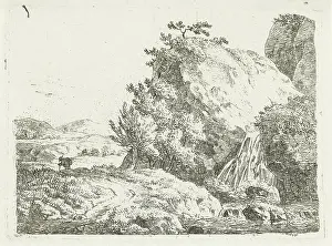 Mountain Scenery Painting Drucke: Mountain landscape with waterfall and walker, Frederic Theodore Faber, 1810 - 1817