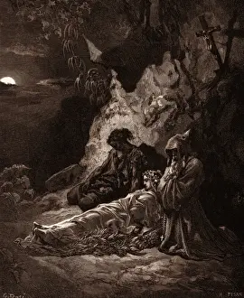 Gustave Dore Style Prints Drucke: MOURNING BY MOONLIGHT, BY GUSTAVE DORE, 1832 - 1883, French. Engraving for the Bible