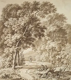 Late 18th Century Drawings Drucke: Path Bordered Trees two Beggars Couple Strolling