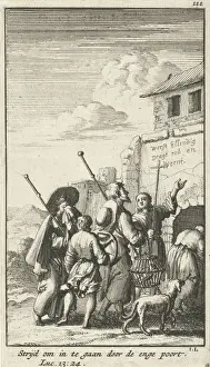 Fünf Pilger vor dem Tor Nummeriert oben rechts.