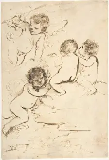 Bolognese School Paintings Drucke: Four Putti Bow Arrows Clouds Landscape Tower