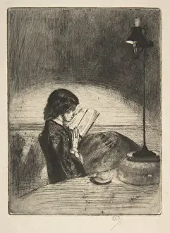 Fine Art Etchings Drucke: Reading Lamplight 1859 Etching drypoint third state