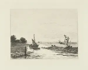 Vintage Sailing Vessel Drucke: River view, print maker: Jacob van Rees, 1869 - 1928