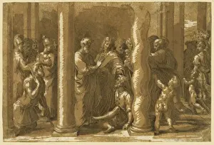 Chiaroscuro Woodcut Style Drucke: Saints Peter and John curing the sick, Raphael, 1483-1520, artist, between ca. 1500