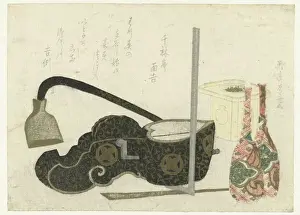 Color Woodcut Prints Drucke: Sake bottles carpentry tools life sake bottles