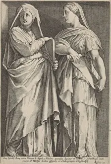 Sixteenth Century Engravings Drucke: Two sibils book tablet hands scroll performance