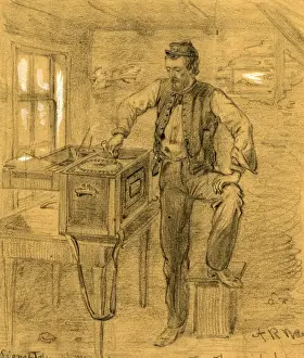 American Civil War Illustrations Drucke: Signal Telegraph Machine and operator, Fredericksburg, 1862 ca. December, drawing
