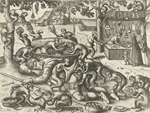 Schlafender Händler von Gegenständen wurde durch Affen überfallen. Pieter van der Borcht I., Pieter Brueghel I., nach