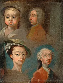 Oil On Canvas Portraits England Drucke: Studies of Heads, Attributed to William Hogarth, 1697-1764, British