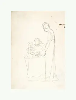 British Artist Drawings Drucke: Study Two Figures Seated Standing recto Head Looking Upwards