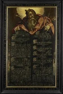 Museum Quality Fine Art Drucke: The Tablets of the Law of the Ten Commandments in calligraphy shown by Moses, Anonymous