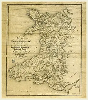 Drucke von Ein topographisches Wörterbuch von Wales mit Karte der Nord- und Südwales aus dem 19. Jahrhundert als Holzstich Karte Drucke: Ein topografischer Wörterbuch von Wales
