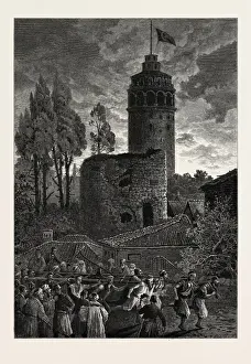 Turkish History Images Drucke: THE TOWER OF GALATA, A FIRE, Constantinople, Istanbul, Turkey, 19th century engraving
