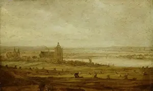 Rhine River Cityscape Drucke: View Arnhem sloping cornfields grain sheaves