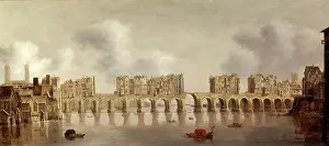 17th Century Architecture Drucke: View of London Bridge Signed and dated, lower left: C. D. Jongh, Fexit 1632
