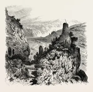 Vintage Engraved Art History Drucke: View from Oberstein, the Rhine, Germany, 19th century engraving