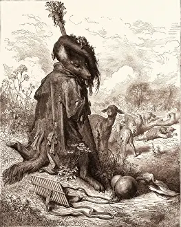 Romanticism Colour Engraving Drucke: The Wolf Turned Shepherd, by Gustave Dore, 1832 - 1883, French