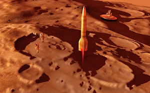 Space Exploration Artwork Drucke: A 1950's style space rocket blasting off from the moons surface