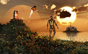 Artificial Intelligence Artwork Drucke: An advanced civilization on the surface of an alien exoplanet
