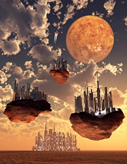 Space Exploration Illustration Drucke: Advanced technology used to create anti-gravity floating cities
