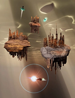 Space Art Illustration Drucke: Advanced technology used to create anti-gravity floating cities