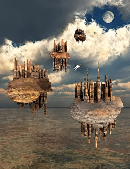Space Art Illustration Drucke: Advanced technology used to create anti-gravity floating cities
