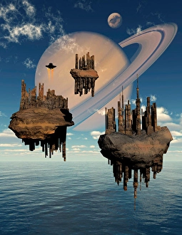 Space Exploration Artwork Drucke: Advanced technology used to create anti-gravity floating cities