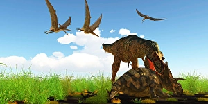 Prehistoric Predator V Prey Drucke: An Albertosaurus attacks an Albertaceratops with a vicious neck bite