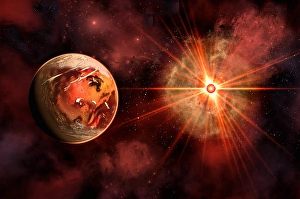 Outer Space Illustration Drucke: An alien exoplanet orbiting its distant sun