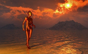 Artificial Intelligence Concept Art Drucke: An android robot walking along a deserted shoreline