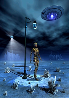 Artificial Intelligence Concept Art Drucke: An android walking under an old-fashioned street light