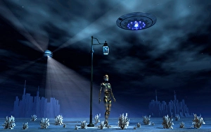 Space Exploration Artwork Drucke: An android walking under an old-fashioned street light