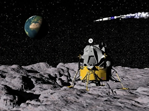 Space Travel Illustration Drucke: Apollo on surface of moon, with Saturn V rocket in the background
