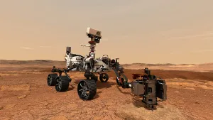 NASA Space Exploration Drucke: Artist's concept of the Perseverance rover using its drill to core a rock sample on Mars