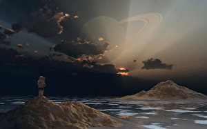Space Exploration Artwork Drucke: An astronaut exploring an alien moon that orbits a ringed planet