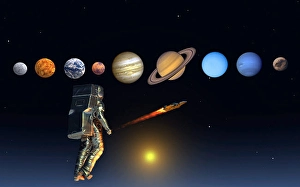 Solar System Exploration Drucke: An astronaut exploring our solar system of planets using rocket technology