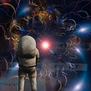 Outer Space Exploration Drucke: Astronaut in surreal composition, with supernova