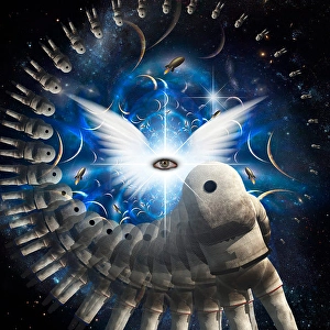 Science Fiction Illustration Drucke: Astronaut and winged eye in deep space