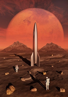 Red Planet Landscape Drucke: Astronauts exploring the moon of planet Mars