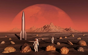 Red Planet Landscape Drucke: Astronauts exploring the moon of planet Mars