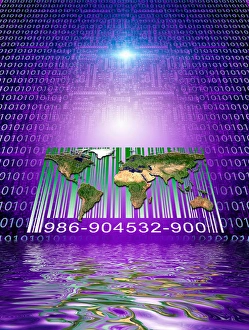 Binärcode, Weltkarte und Barcode.