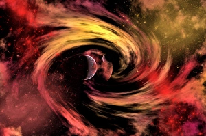 Space Art Illustration Drucke: A black hole pulling in planets in its gravitational field