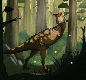 Carnivorous Dinosaur Species Drucke: A Carnotaurus dinosaur in a forest