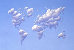 Colorful Cloud Formations Drucke: Clouds forming the shape of Earths continents