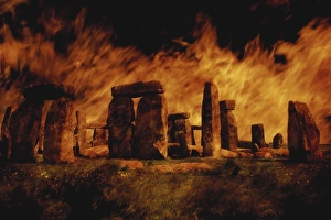 United Kingdom Monuments Drucke: Composite image of Stonehenge and fire